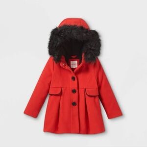Red Kids Jacket with Faux Fur Hood